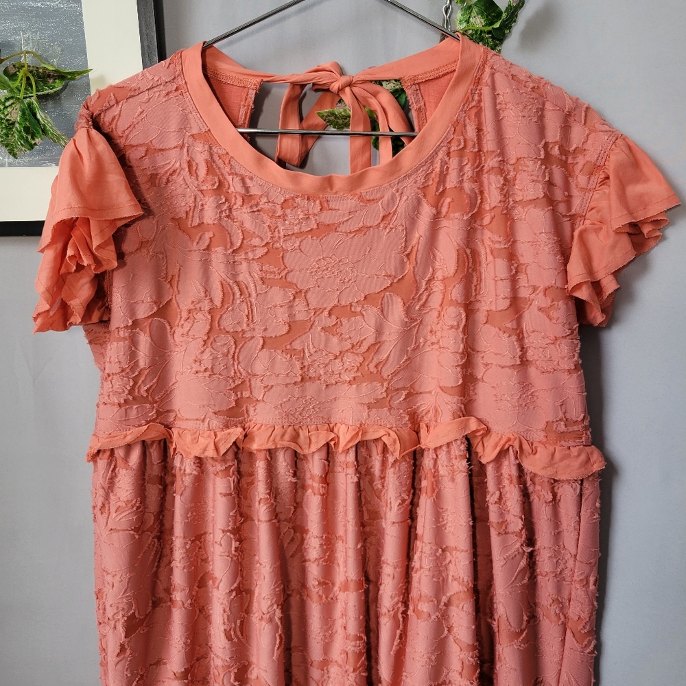 New Anthropologie Textured Ruffle Knit Mini Dress Pink Rose XSP Petite - Picture 4 of 12